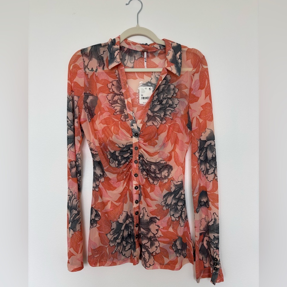 Free People Lucky Shirtee Size Medium Long Sleeve Sheer Floral